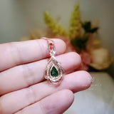 Teardrop Emerald Necklace Rose Gold Diamond Feather Leaf Green Gems Pendant Sterling Silver Pear Emerald Jewelry May Birthstone 2.75 CT #544