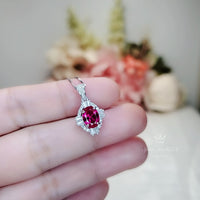 Sterling Silver Red Ruby Necklace, High Quality Ruby Halo Solitaire July Birthstone Red Gemstone Pendant White Gold plated #134