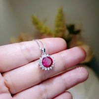 Red Ruby Necklace Sterling Silver - 8mm 2 CT Ruby Pendant - July Birthstone Princess Diana Style - Solitaire Round Gemstone Necklace #124