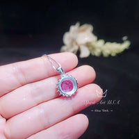 Round Pink Tourmaline Necklace - Aquamarine Halo Sunflower Style - 4 CT Pink Tourmaline Pendant - White Gold coated Sterling Silver #670