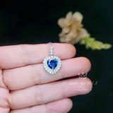 Blue Sapphire Heart Necklace - Double Halo Gemstone Sapphire Pendant - Sterling Silver White Gold Plated 1.8 CT Blue Gemstone Jewelry #389