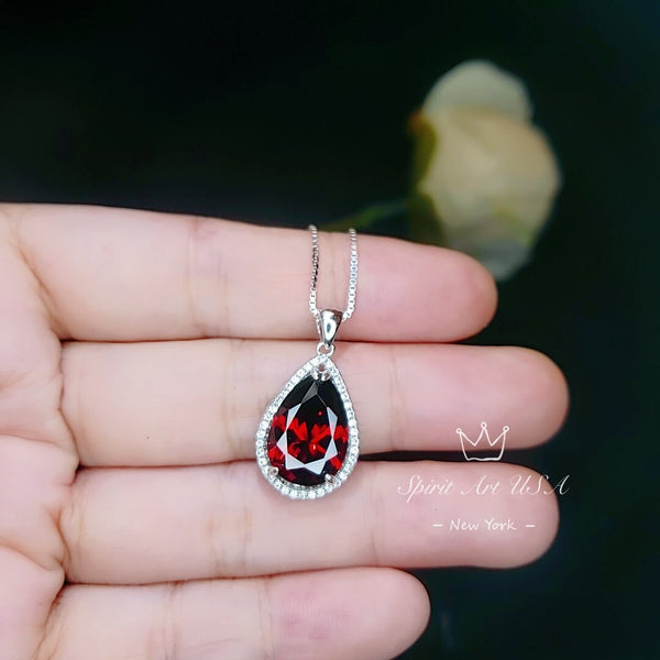 Large Teardrop Garnet Necklace - 5.5 CT Deep Red Gemstone Garnet Pendant - White Gold Sterling Silver January Birthstone