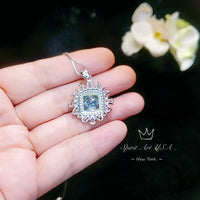 Large Square Blue Aquamarine Necklace Gemstone Halo 7 CT 10 MM Blue Aquamarine Pendant 18KGP @ Sterling Silver #866