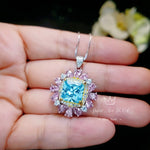 Large Square Blue Aquamarine Necklace Gemstone Halo 7 CT 10 MM Blue Aquamarine Pendant 18KGP @ Sterling Silver #866