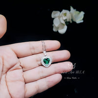 Emerald Necklace - Green Emerald Heart Pendant - Full 925 Sterling Silver 8 MM Double Halo Solitaire Green Heart Emerald Jewelry #429