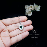 Emerald Necklace - Green Emerald Heart Pendant - Full 925 Sterling Silver 8 MM Double Halo Solitaire Green Heart Emerald Jewelry #429