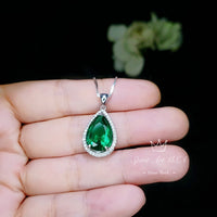 Large Green Emerald Necklace - 6.5 Ct Teardrop Emerald Pendant - White Gold coated Sterling Silver Pear Green Gemstone Jewelry #701