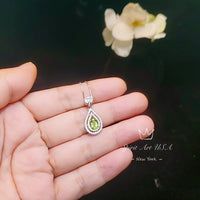 Genuine Peridot Necklace - Double Halo Sterling Silver Tiny Teardrop Natural Peridot Jewelry #369