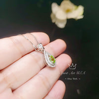 Genuine Peridot Necklace - Double Halo Sterling Silver Tiny Teardrop Natural Peridot Jewelry #369