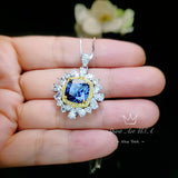 Large Square Sapphire Necklace - Gemstone Halo Gold Square 7 CT 10 MM Blue Sapphire Pendant - Sterling Silver White Gold plated #875