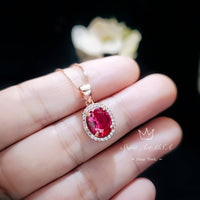 Solitaire Ruby Necklace, Rose Gold Sterling Silver Oval Red Ruby Jewelry - High Quality Gemstone Halo Ruby Pendant #129