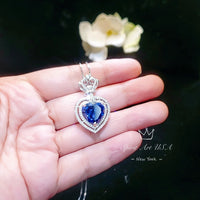 Tanzanite Necklace - Gemstone Royal Ocean Heart Tanzanite Pendant - 7 CT Double Halo Crown Blue Tanzanite Titanic Jewelry #896