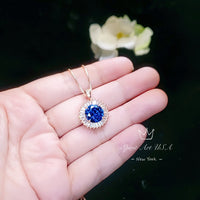 Large Blue Tanzanite Necklace - Rose Gold Sterling Silver Gemstone Halo Sun Style 4 CT Royal Blue Tanzanite Pendant #610