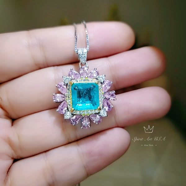 Large Square Paraiba Necklace Pink Topaz Sim Gemstone Pendant White Gold coated Sterling Silver Blue Paraiba Pendant Jewelry #814