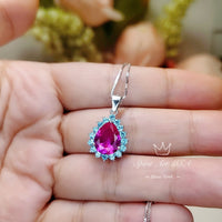 Teardrop Pink Sapphire Necklace - Aquamarine Halo Pink Sapphire Pendant - 18KGP - Sterling Silver - 2.75 CT Fuchsia Gemstone Jewelry #669