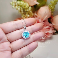 Large Round Aquamarine Necklace - Sterling Silver Sunflower Aquamarine Pendant - 4 CT Blue Aquamarine Halo Pink Tourmaline Jewelry #570