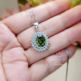 Large Green Peridot Necklace - Double Halo Gemstone 3 CT Peridot Pendant - White Gold coated Sterling Silver - Peridot Jewelry #572