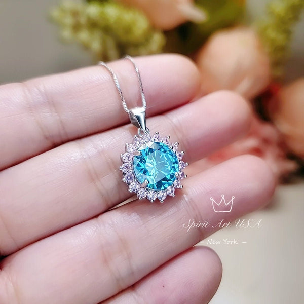 Large Round Aquamarine Necklace - Sterling Silver Sunflower Aquamarine Pendant - 4 CT Blue Aquamarine Halo Pink Tourmaline Jewelry #570