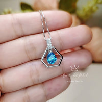 Geometric Blue Topaz Necklace - Sterling Silver Hexagon Teardrop - Blue Topaz Pendant Tiny Minimalist Dynamic stone Jewelry 18KGP 060