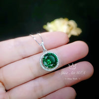 Large Gemstone Halo Emerald Necklace - 4 CT Round Green Emerald Pendant - Sterling Silver Circle Green Gemstone Jewelry #447