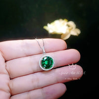 Large Gemstone Halo Emerald Necklace - 4 CT Round Green Emerald Pendant - Sterling Silver Circle Green Gemstone Jewelry #447