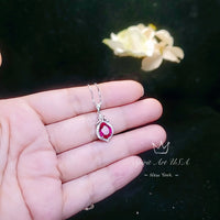 Pear Ruby Sterling Silver Necklace, Gemstone Petal Teardrop Ruby Pendant Tiny White Gold Plated July Birthstone Red Gemstone Jewelry #132