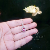 Pear Ruby Sterling Silver Necklace, Gemstone Petal Teardrop Ruby Pendant Tiny White Gold Plated July Birthstone Red Gemstone Jewelry #132