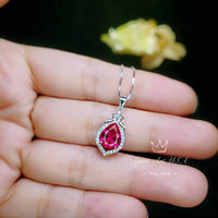 Pear Ruby Sterling Silver Necklace, Gemstone Petal Teardrop Ruby Pendant Tiny White Gold Plated July Birthstone Red Gemstone Jewelry #132