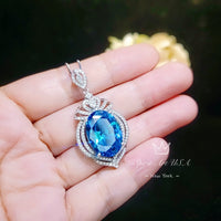 Large Blue Topaz Sterling Silver Necklace 14 ct Oval Swiss Blue Topaz Pendant Sim Gemstone White Gold Coat Royal Crown #918