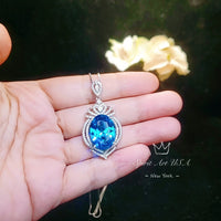 Large Blue Topaz Sterling Silver Necklace 14 ct Oval Swiss Blue Topaz Pendant Sim Gemstone White Gold Coat Royal Crown #918