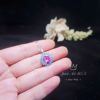 Round Pink Tourmaline Necklace - Aquamarine Halo Sunflower Style - 4 CT Pink Tourmaline Pendant - White Gold coated Sterling Silver #670