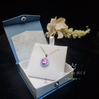 Round Pink Tourmaline Necklace - Aquamarine Halo Sunflower Style - 4 CT Pink Tourmaline Pendant - White Gold coated Sterling Silver #670