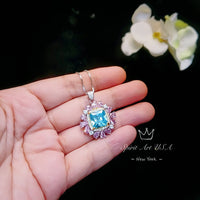 Large Square Blue Aquamarine Necklace Gemstone Halo 7 CT 10 MM Blue Aquamarine Pendant 18KGP @ Sterling Silver #866