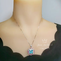 Large Square Blue Aquamarine Necklace Gemstone Halo 7 CT 10 MM Blue Aquamarine Pendant 18KGP @ Sterling Silver #866