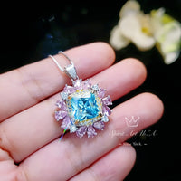 Large Square Blue Aquamarine Necklace Gemstone Halo 7 CT 10 MM Blue Aquamarine Pendant 18KGP @ Sterling Silver #866