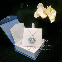 Large Square Blue Aquamarine Necklace Gemstone Halo 7 CT 10 MM Blue Aquamarine Pendant 18KGP @ Sterling Silver #866