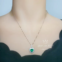 Emerald Necklace - Green Emerald Heart Pendant - Full 925 Sterling Silver 8 MM Double Halo Solitaire Green Heart Emerald Jewelry #429