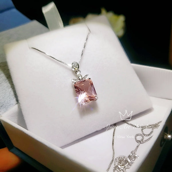 Morganite Necklace - Large Rectangular Pink Morganite Pendant - Royal Flower - Sterling Silver - 5 Ct Rose Color Lab Morganite Jewelry #665