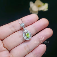 Genuine Peridot Necklace - Double Halo Sterling Silver Tiny Teardrop Natural Peridot Jewelry #369