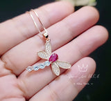 Dragonfly Ruby Necklace - Rose Gold Coated 925 Sterling Silver - July Birthstone #337