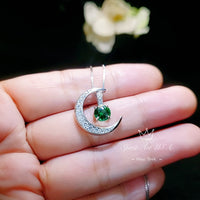 Crescent Moon Emerald Necklace - Sterling Silver One Necklace Two wear - Green Emerald Pendant - White Gold Plated #228