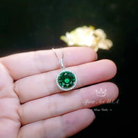 Large Gemstone Halo Emerald Necklace - 4 CT Round Green Emerald Pendant - Sterling Silver Circle Green Gemstone Jewelry #447