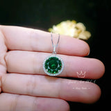 Large Gemstone Halo Emerald Necklace - 4 CT Round Green Emerald Pendant - Sterling Silver Circle Green Gemstone Jewelry #447