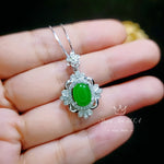 Gemstone Flower Green Jade Necklace - White Gold Coated Sterling Silver Oval Jade Jewelry #672