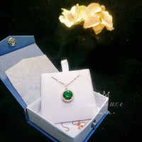 Large Rose Gold Emerald Necklace - 4 CT Round Green Emerald Gemstone Pendant - Sterling Silver Circle Halo Green Gemstone Jewelry #444