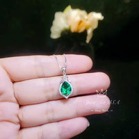 Tiny Sterling Silver Emerald Necklace - Teardrop Emerald Pendant - May Birthstone Petal Leaf Green Gemstone Jewelry - 18KGP #287