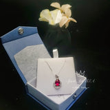 Ruby Necklace , Sterling Silver Leaf Lily flower 2 CT Teardrop Red Ruby Pendant - 18kgp @ Sterling Silver - Pear Cut July Birthstone #234