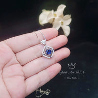 Gemstone Flower Square Tanzanite Necklace White Gold Coated 925 Sterling Silver Tiny Lab Created Tanzanite Pendant - Overlap Square #339