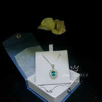 Green Paraiba Tourmaline Necklace - Double Halo Wave Circle - White Gold coated Sterling Silver - Oval 2 Ct Paraiba Pendant #848B