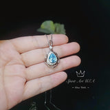 Sky Blue Aquamarine Necklace - Halo Gemstone Leaf Sterling Silver Flower Teardrop Large Aquamarine Pendant White Gold plated Jewelry #709